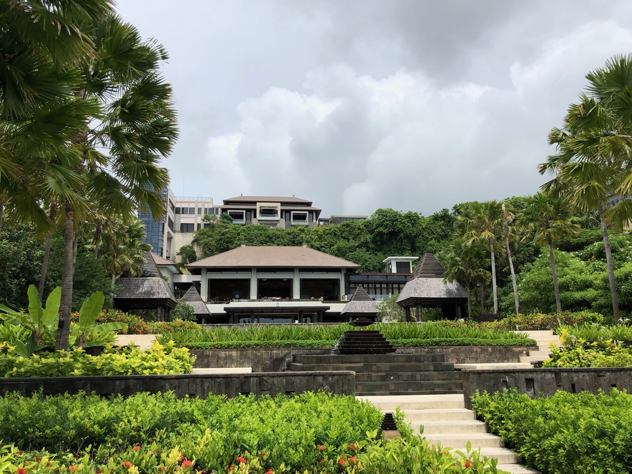 View of the main lobby and pavilion from the landscaped gardens