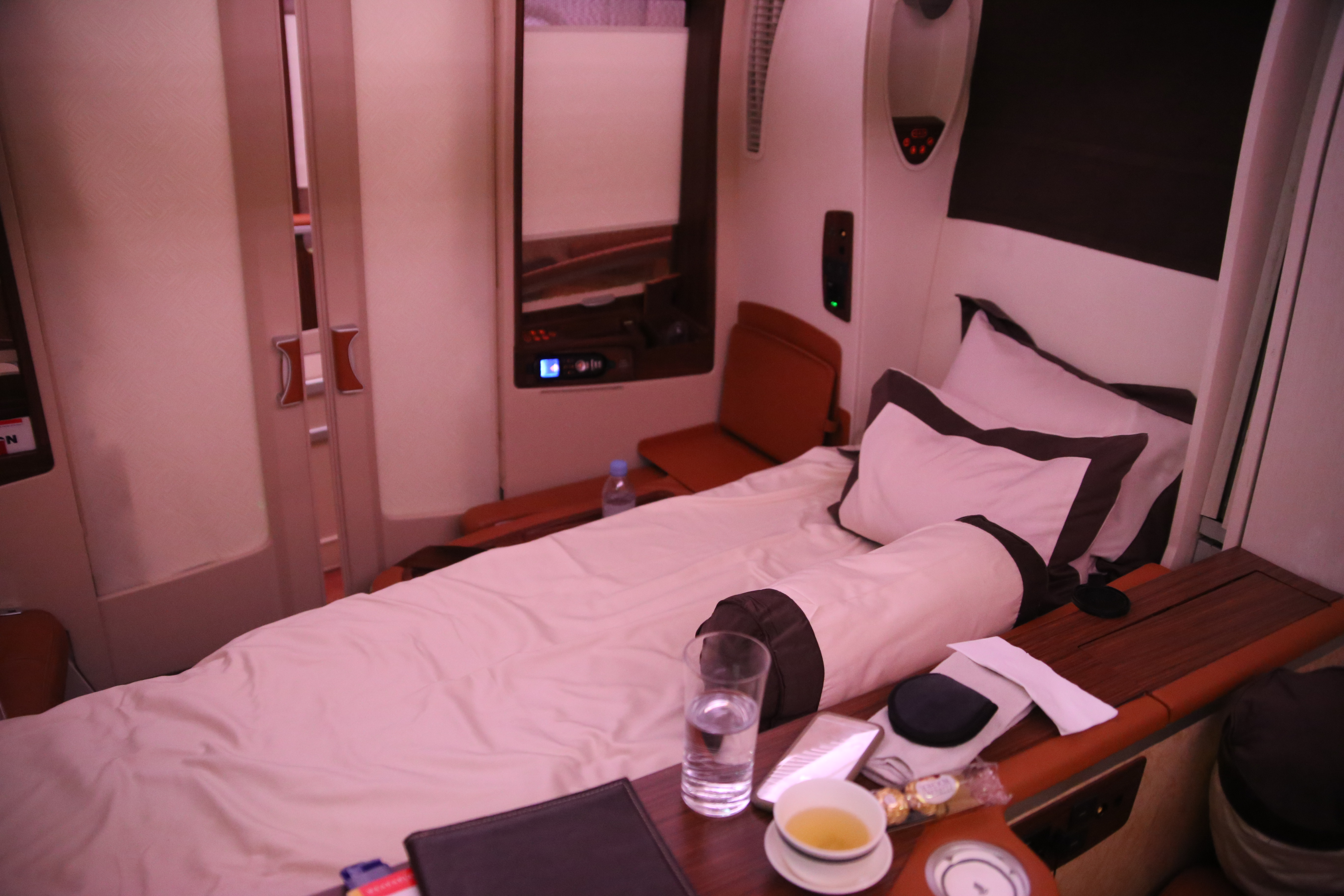 Singapore Airlines A380 Suites Class bed made up for sleep
