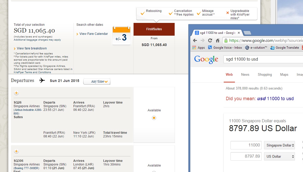 Singapore Airlines Suites Class one-way pricing, Singapore to New York