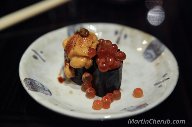Uni and ikura gunkan — sea urchin and salmon roe